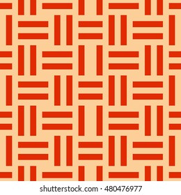 Seamless pattern with symmetric geometric ornament. Different red lines abstract on brown background. Wicker motif. Ornamental wallpaper. Vector illustration