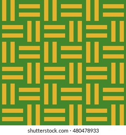 Seamless pattern with symmetric geometric ornament. Different yellow lines abstract on green background. Wicker motif. Ornamental wallpaper. Vector illustration