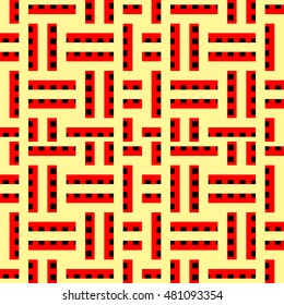 Seamless pattern with symmetric geometric ornament. Different color blocks abstract on yellow background. Video game motif. Ornamental wallpaper. Vector illustration