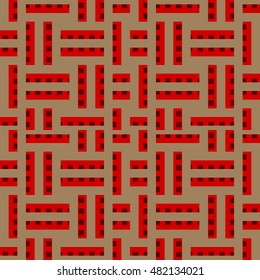 Seamless pattern with symmetric geometric ornament. Different color blocks abstract on brown background. Video game motif. Ornamental wallpaper. Vector illustration