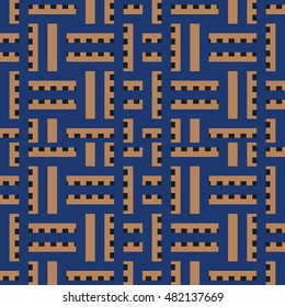 Seamless pattern with symmetric geometric ornament. Different color blocks abstract on blue background. Video game motif. Ornamental wallpaper. Vector illustration