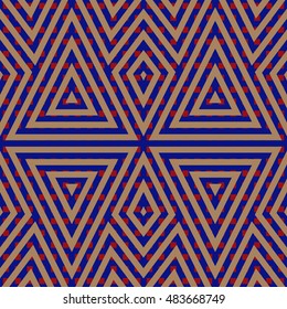 Seamless pattern with symmetric geometric ornament. Color abstract background. Mixed overlapping triangles, rhombuses and squares motif. Vector illustration