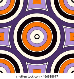 Seamless pattern with symmetric geometric ornament in Halloween traditional colors. Abstract background with colorful round vortexes. Vector illustration