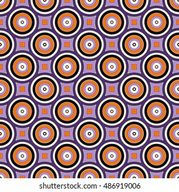 Seamless pattern with symmetric geometric ornament in Halloween traditional colors. Abstract background with colorful round vortexes. Vector illustration