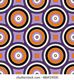 Seamless pattern with symmetric geometric ornament in Halloween traditional colors. Abstract background with colorful round vortexes. Vector illustration