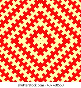 Seamless pattern with symmetric geometric ornament. Red color counter embattled lines on yellow background. Heraldry motif. Abstract wallpaper. Vector illustration