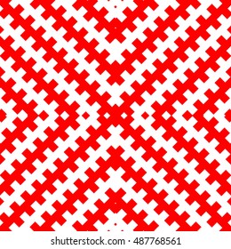 Seamless pattern with symmetric geometric ornament. Red color counter embattled lines on white background. Heraldry motif. Abstract wallpaper. Vector illustration