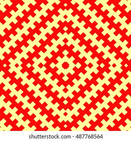 Seamless pattern with symmetric geometric ornament. Red color counter embattled lines on yellow background. Heraldry motif. Abstract wallpaper. Vector illustration