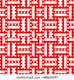 Seamless pattern with symmetric geometric ornament. Repeated white figure on red background. Ornamental motif. Abstract wallpaper. Vector illustration 