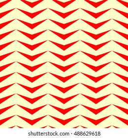 Seamless pattern with symmetric geometric ornament. Repeated stylized red triangles on yellow background. Zigzag motif. Abstract wallpaper. Vector illustration 