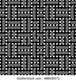 Seamless pattern with symmetric geometric ornament. Repeated grey and white figures on black background. Ornamental motif. Abstract wallpaper. Vector illustration 