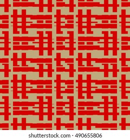 Seamless pattern with symmetric geometric ornament. Red color geometrical form figures abstract on brown background. Lines and stripes motif. Ornamental wallpaper. Digital paper vector illustration