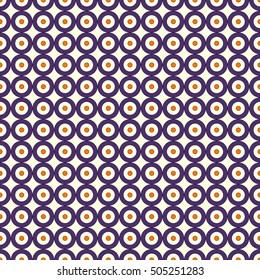 Seamless pattern with symmetric geometric ornament in Halloween traditional colors. Abstract background with repeated circles. Vector illustration
