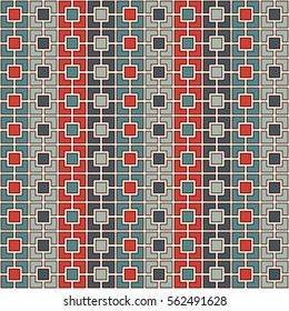 Seamless pattern with symmetric geometric ornament. Red and blue color vertical square chain abstract background. Mosaic wallpaper. Digital paper, textile print, page fill. Vector illustration