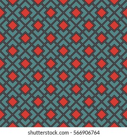 Seamless pattern with symmetric geometric ornament. Red and blue color diagonal square chain abstract background. Mosaic wallpaper. Digital paper, textile print, page fill. Vector illustration