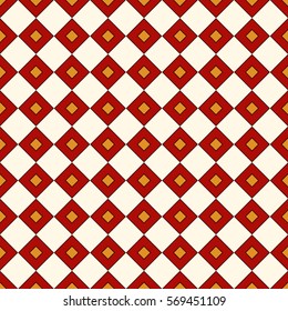 Seamless pattern with symmetric geometric ornament. Red and yellow color diamond abstract background. Mosaic wallpaper. Digital paper, textile print, page fill. Vector illustration