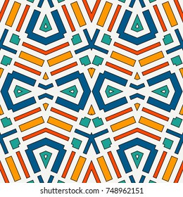 Seamless pattern with symmetric geometric ornament. Striped abstract background. Ethnic and tribal motifs. Repeated rhombuses wallpaper. Vector illustration
