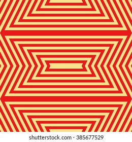 Seamless pattern with symmetric geometric ornament.Optical illusion red yellow abstract background. Abstract repeated squared shape wallpaper. Vector illustration