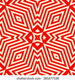 Seamless pattern with symmetric geometric ornament.Optical illusion red white abstract background. Abstract repeated squared shape wallpaper. Vector illustration
