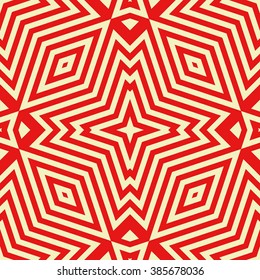 Seamless pattern with symmetric geometric ornament.Optical illusion red white abstract background. Abstract repeated squared shape wallpaper. Vector illustration