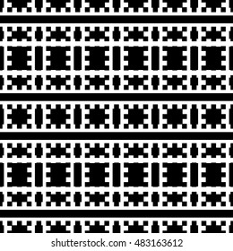  Seamless pattern with symmetric ornament. Black color figures and lines composition on white background. Embroidery motif. Ornamental abstract wallpaper. Vector illustration
	