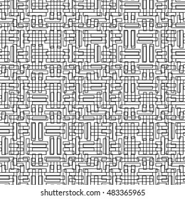 Seamless pattern with symmetric ornament. Black color geometric figures abstract on white background. Futuristic motif. Ornamental wallpaper. Vector illustration