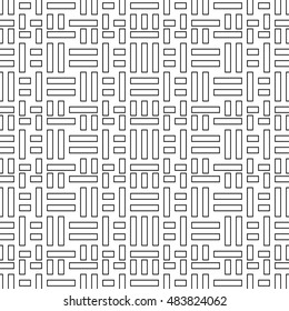 Seamless pattern with symmetric ornament. Black color geometric figures abstract on white background. Futuristic motif. Ornamental wallpaper. Vector illustration