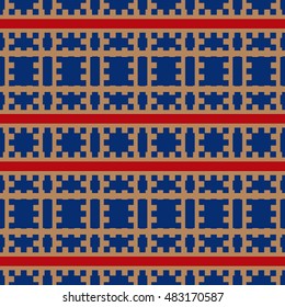  Seamless pattern with symmetric ornament. Blue color figures and red lines abstract on brown background. Embroidery motif. Ornamental wallpaper. Vector illustration
