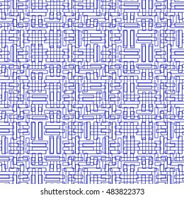 Seamless pattern with symmetric ornament. Blue color geometric figures abstract on white background. Futuristic motif. Ornamental wallpaper. Vector illustration