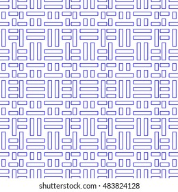 Seamless pattern with symmetric ornament. Blue color geometric figures abstract on white background. Futuristic motif. Ornamental wallpaper. Vector illustration