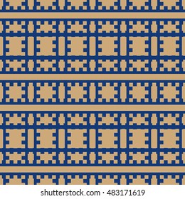 Seamless pattern with symmetric ornament. Brown color figures and lines abstract on blue background. Embroidery motif. Ornamental wallpaper. Vector illustration
