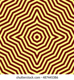 Seamless pattern with symmetric ornament. Brown abstract on yellow background. Psychedelic wallpaper. Lines motif. Vector illustration