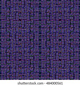 Seamless pattern with symmetric ornament. Color geometric figures abstract on black background. Futuristic motif. Ornamental wallpaper. Vector illustration