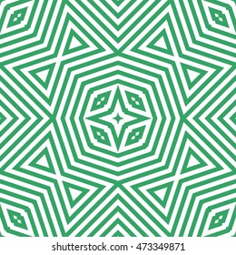 Seamless pattern with symmetric ornament. Different green geometric figures abstract on white background. Ethnic and tribal motifs. Ornamental wallpaper. Vector illustration