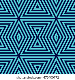 Seamless pattern with symmetric ornament. Different blue geometric figures abstract on dark background. Ethnic and tribal motifs. Ornamental wallpaper. Vector illustration
	