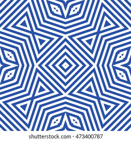 Seamless pattern with symmetric ornament. Different blue geometric figures abstract on white background. Ethnic and tribal motifs. Ornamental wallpaper. Vector illustration 