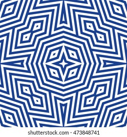 Seamless pattern with symmetric ornament. Different blue geometric figures abstract on white background. Ethnic and tribal motifs. Ornamental wallpaper. Vector illustration