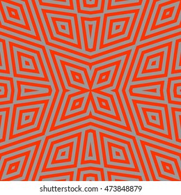 Seamless pattern with symmetric ornament. Different orange geometric figures abstract on grey background. Ethnic and tribal motifs. Ornamental wallpaper. Vector illustration
