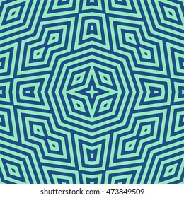 Seamless pattern with symmetric ornament. Different blue geometric figures abstract on green background. Ethnic and tribal motifs. Ornamental wallpaper. Vector illustration