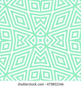 Seamless pattern with symmetric ornament. Different green color geometric figures abstract on white background. Ethnic and tribal motifs. Ornamental wallpaper. Vector illustration