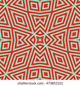 Seamless pattern with symmetric ornament. Different red color geometric figures abstract on green background. Ethnic and tribal motifs. Ornamental wallpaper. Vector illustration