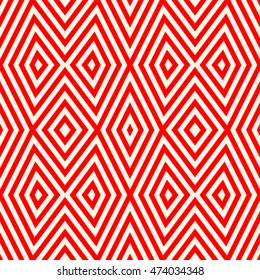 Seamless pattern with symmetric ornament. Different red geometric figures abstract on white background. Ethnic and tribal motifs. Ornamental wallpaper. Vector illustration
