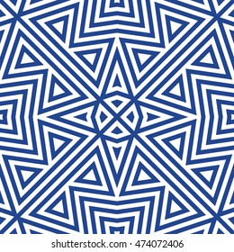Seamless pattern with symmetric ornament. Different navy color geometric figures abstract on white background. Ethnic and tribal motifs. Ornamental wallpaper. Vector illustration