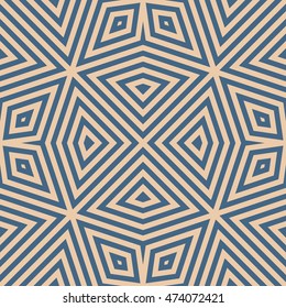 Seamless pattern with symmetric ornament. Different navy color geometric figures abstract on light brown background. Ethnic and tribal motifs. Ornamental wallpaper. Vector illustration