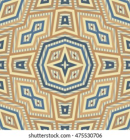 Seamless pattern with symmetric ornament. Different color geometric figures abstract. Ethnic background. Tribal motif. Ornamental wallpaper. Vector illustration