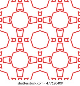 Seamless pattern with symmetric ornament. Different red geometric figures abstract on white background. Ethnic and tribal motifs. Ornamental wallpaper. Vector illustration