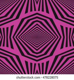 Seamless pattern with symmetric ornament. Different black figures abstract on purple background. Futuristic motif. Ornamental wallpaper. Vector illustration