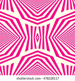 Seamless pattern with symmetric ornament. Different pink figures abstract on white background. Futuristic motif. Ornamental wallpaper. Vector illustration