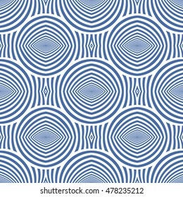 Seamless pattern with symmetric ornament. Different blue figures abstract on white background. Retro motif. Ornamental wallpaper. Vector illustration