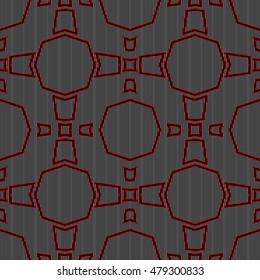 Seamless pattern with symmetric ornament. Different geometric figures abstract on striped background. Ethnic and tribal motifs. Ornamental wallpaper. Vector illustration